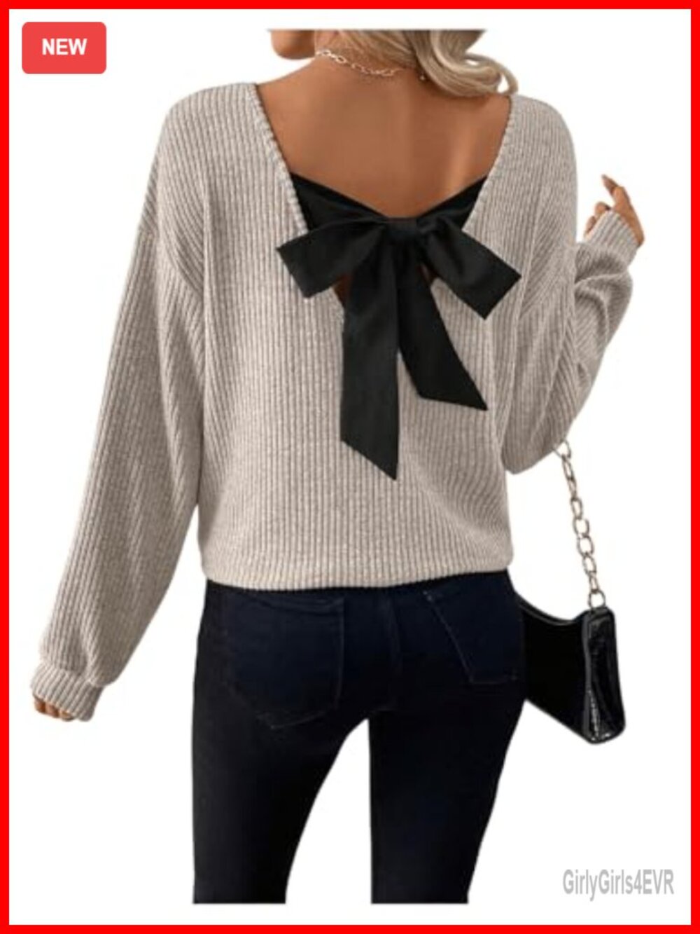Women's V-Neck Ribbed Knit Long Sleeve Oversize Tunic Top Bow Back